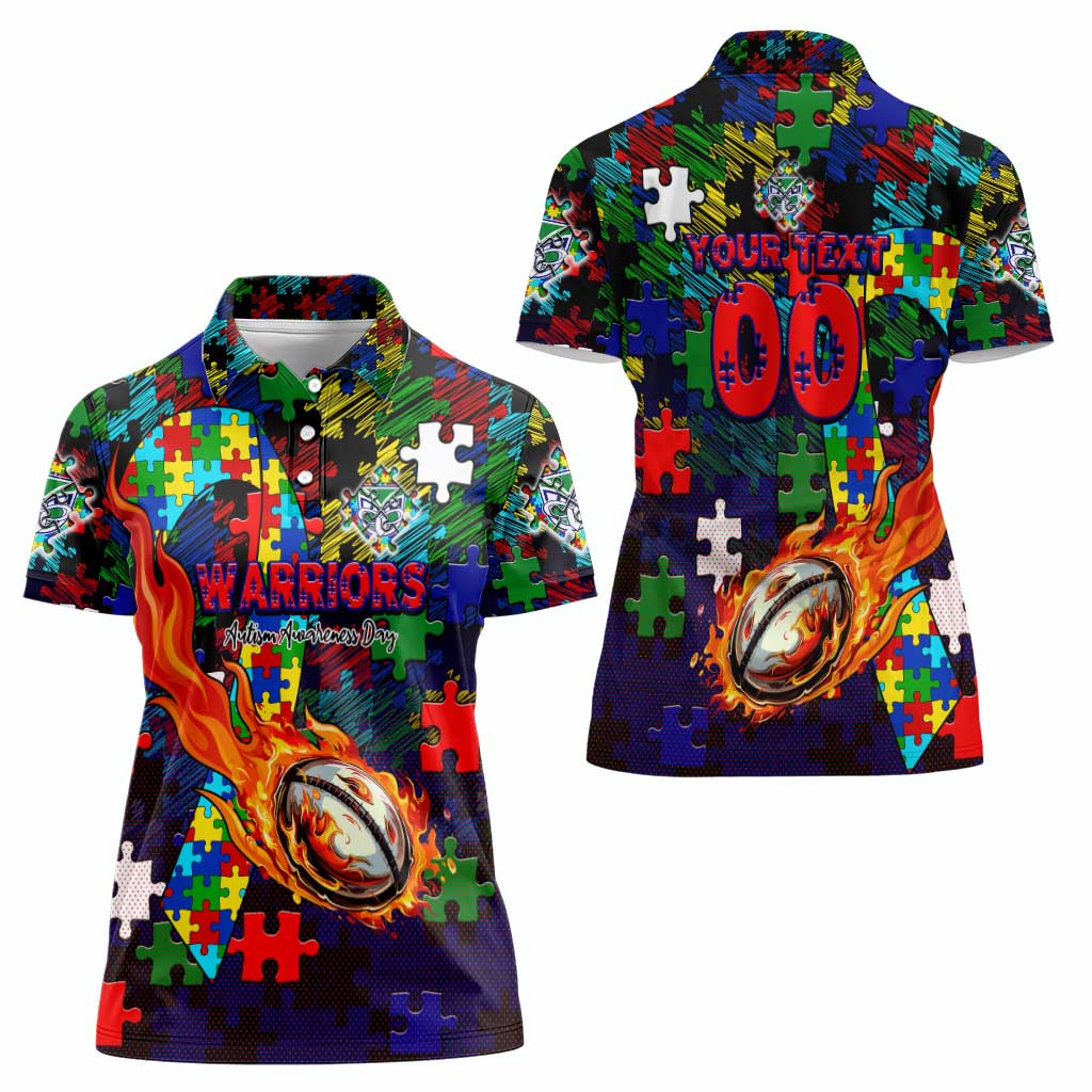 New Zealand Warriors Autism Awareness Women Polo Shirt Puzzle Flames Rugby Ball