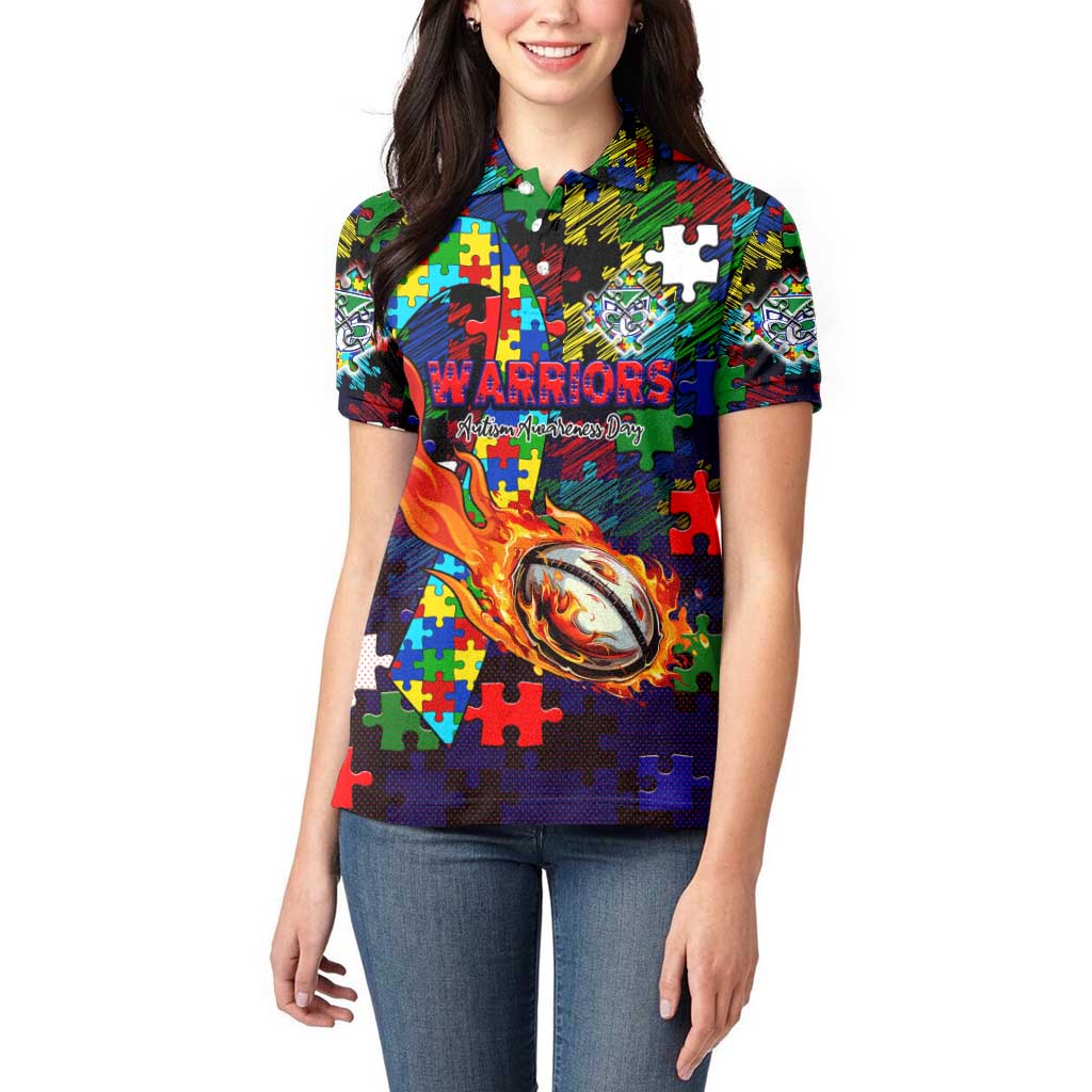 New Zealand Warriors Autism Awareness Women Polo Shirt Puzzle Flames Rugby Ball