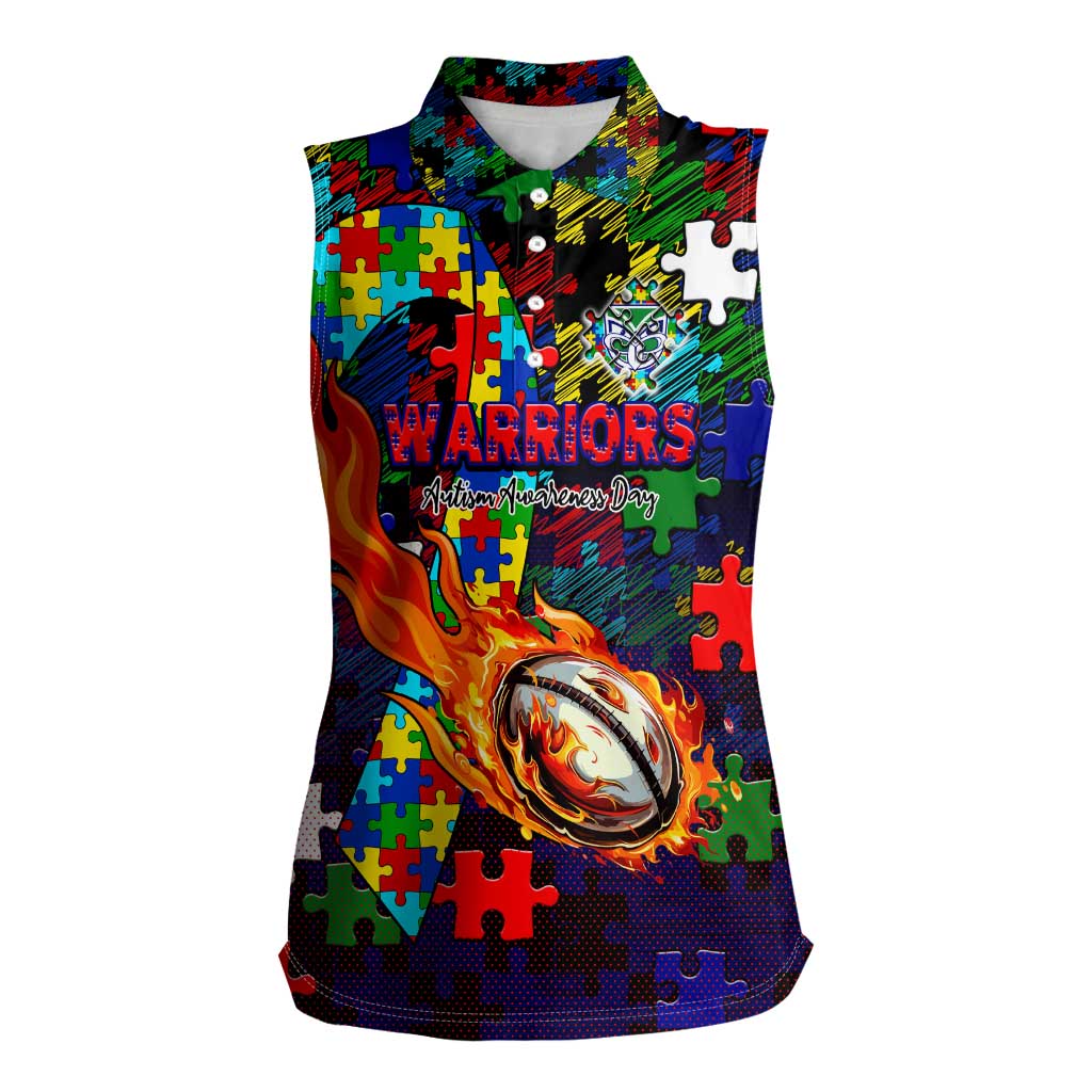 New Zealand Warriors Autism Awareness Women Sleeveless Polo Shirt Puzzle Flames Rugby Ball