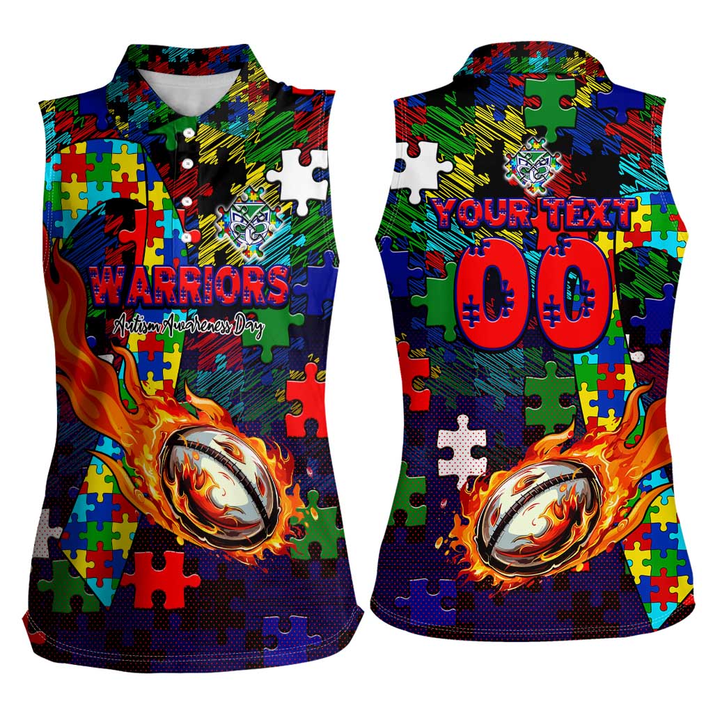 New Zealand Warriors Autism Awareness Women Sleeveless Polo Shirt Puzzle Flames Rugby Ball