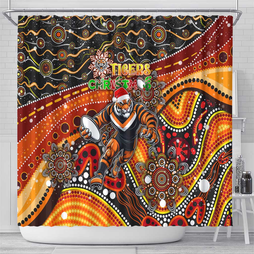 Merry Christmas Wests Tigers Shower Curtain Aboriginal Santa Rugby Mascot - The Tigers
