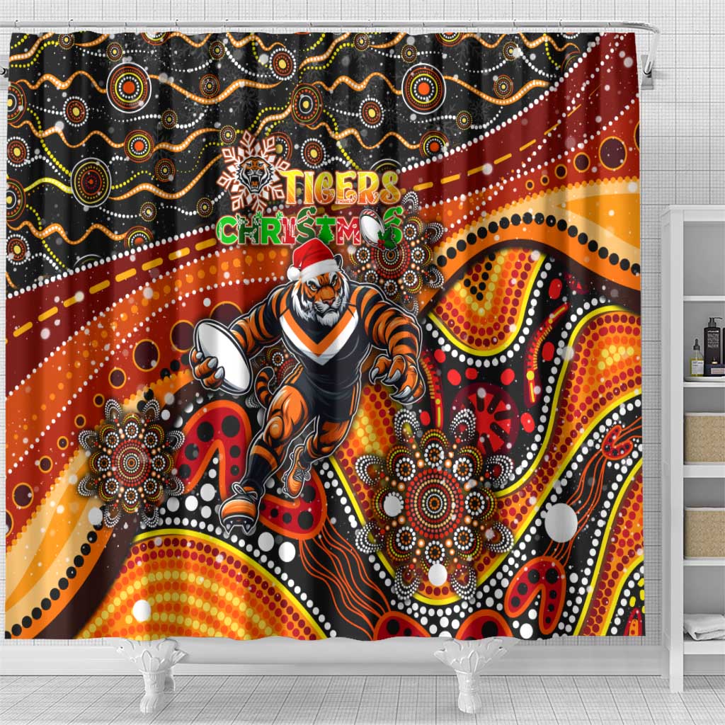 Merry Christmas Wests Tigers Shower Curtain Aboriginal Santa Rugby Mascot - The Tigers