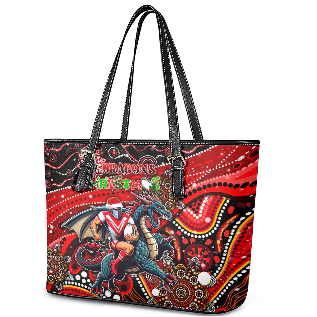 Merry Christmas Dragons Leather Tote Bag Aboriginal Santa Rugby Mascot - St George Illawarra