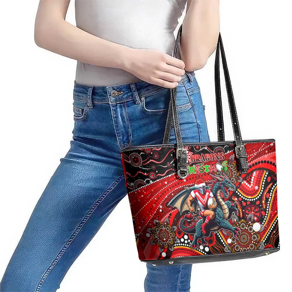 Merry Christmas Dragons Leather Tote Bag Aboriginal Santa Rugby Mascot - St George Illawarra