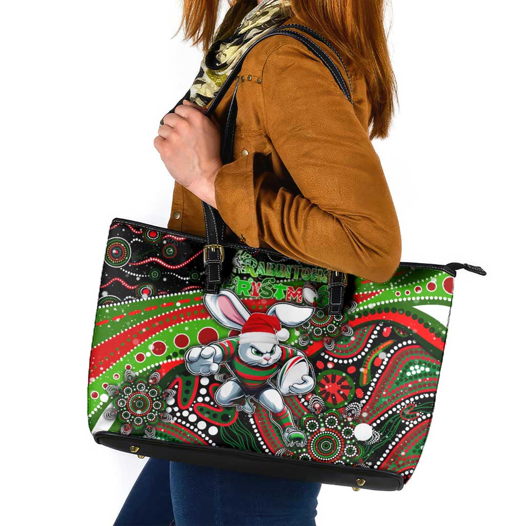 Merry Christmas Rabbitohs Leather Tote Bag Aboriginal Santa Rugby Mascot - South Sydney Bunnies