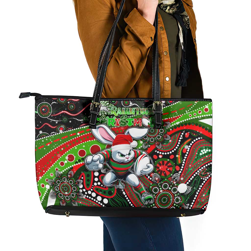 Merry Christmas Rabbitohs Leather Tote Bag Aboriginal Santa Rugby Mascot - South Sydney Bunnies