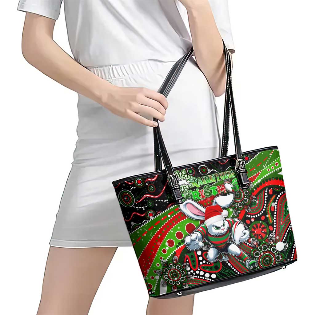 Merry Christmas Rabbitohs Leather Tote Bag Aboriginal Santa Rugby Mascot - South Sydney Bunnies