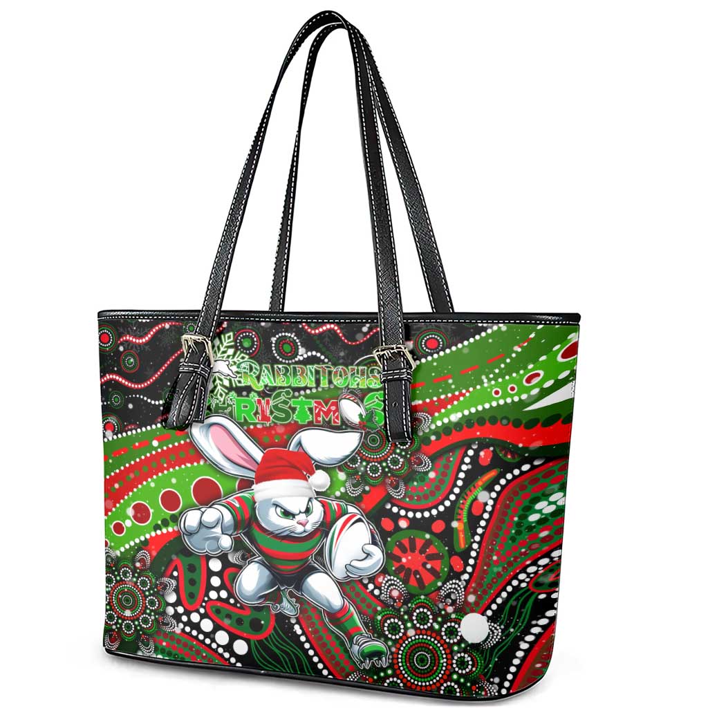 Merry Christmas Rabbitohs Leather Tote Bag Aboriginal Santa Rugby Mascot - South Sydney Bunnies