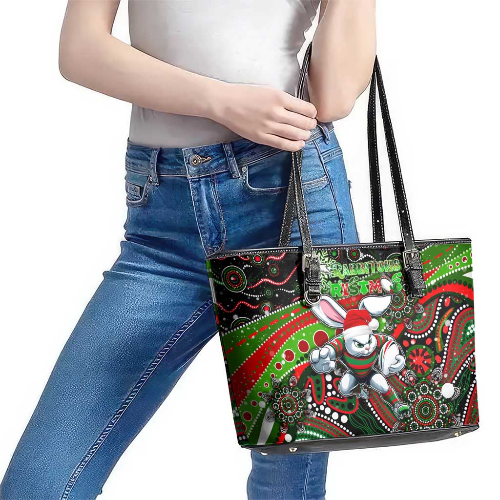 Merry Christmas Rabbitohs Leather Tote Bag Aboriginal Santa Rugby Mascot - South Sydney Bunnies