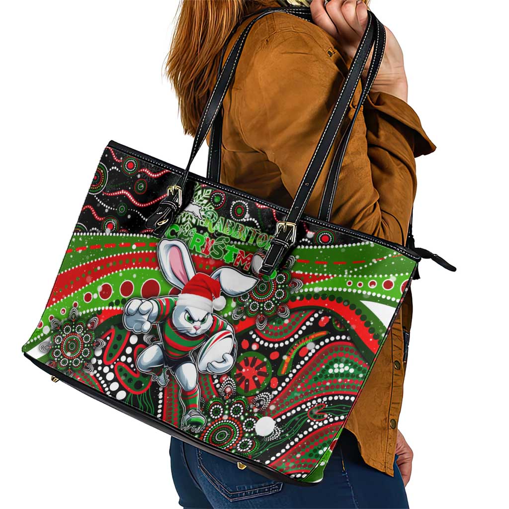 Merry Christmas Rabbitohs Leather Tote Bag Aboriginal Santa Rugby Mascot - South Sydney Bunnies