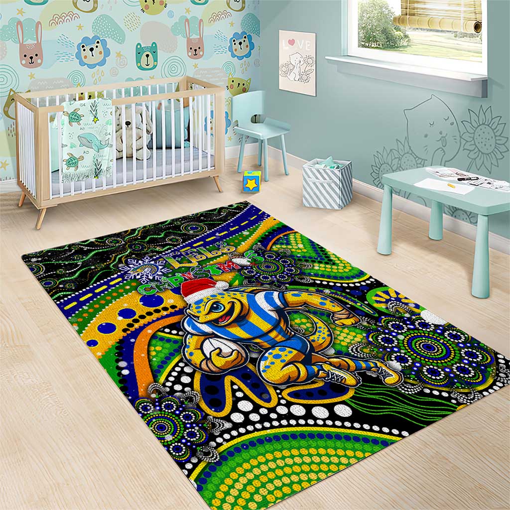 Merry Christmas Eels Area Rug Aboriginal Santa Rugby Mascot - Parramatta