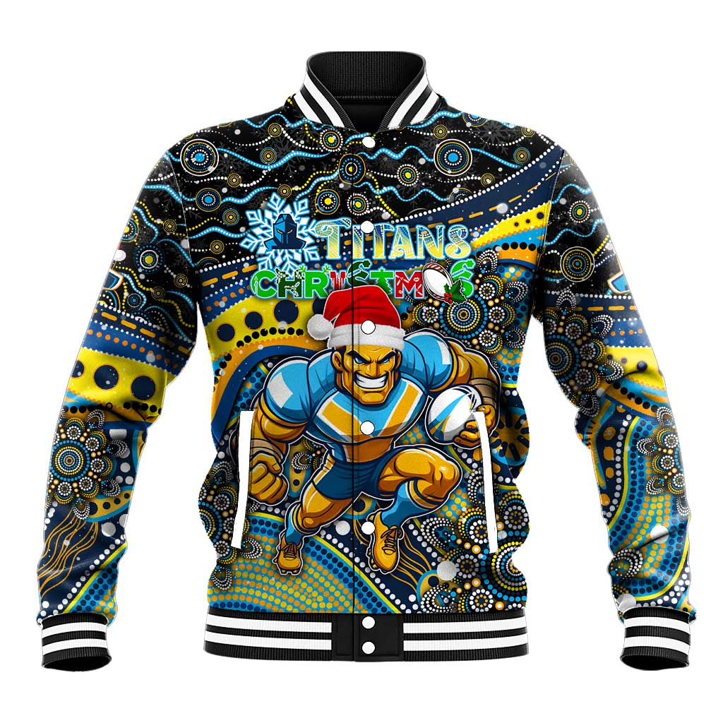 Merry Christmas Gold Coast Titans Baseball Jacket Aboriginal Santa Rugby Mascot - Light Blue