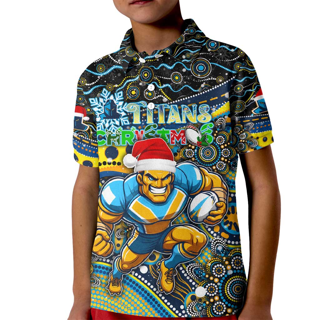 Merry Christmas Gold Coast Titans Kid Polo Shirt Aboriginal Santa Rugby Mascot - Light Blue