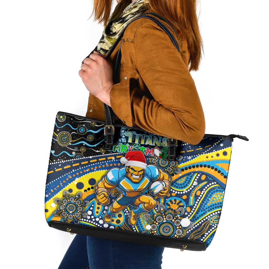 Merry Christmas Gold Coast Titans Leather Tote Bag Aboriginal Santa Rugby Mascot - Light Blue