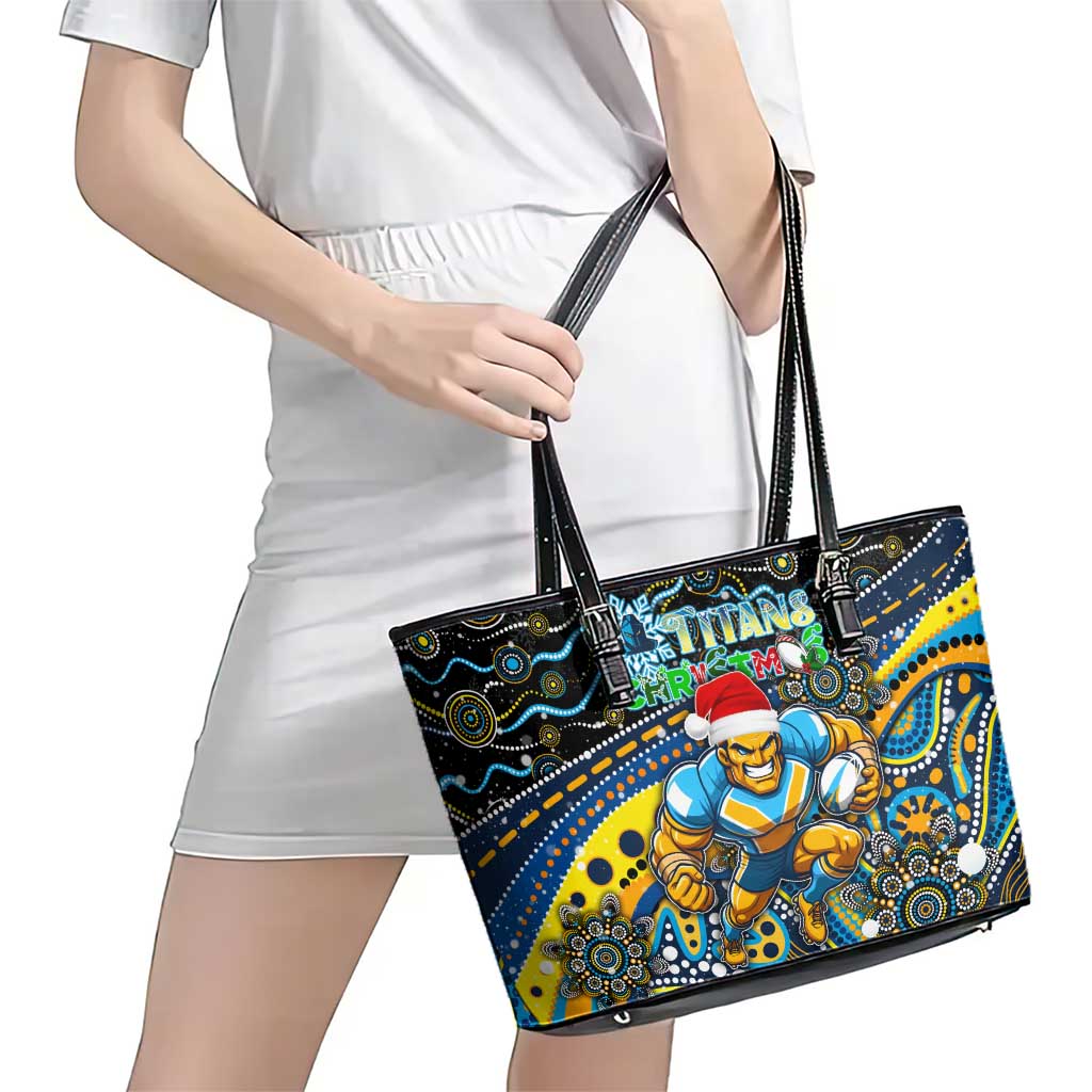 Merry Christmas Gold Coast Titans Leather Tote Bag Aboriginal Santa Rugby Mascot - Light Blue