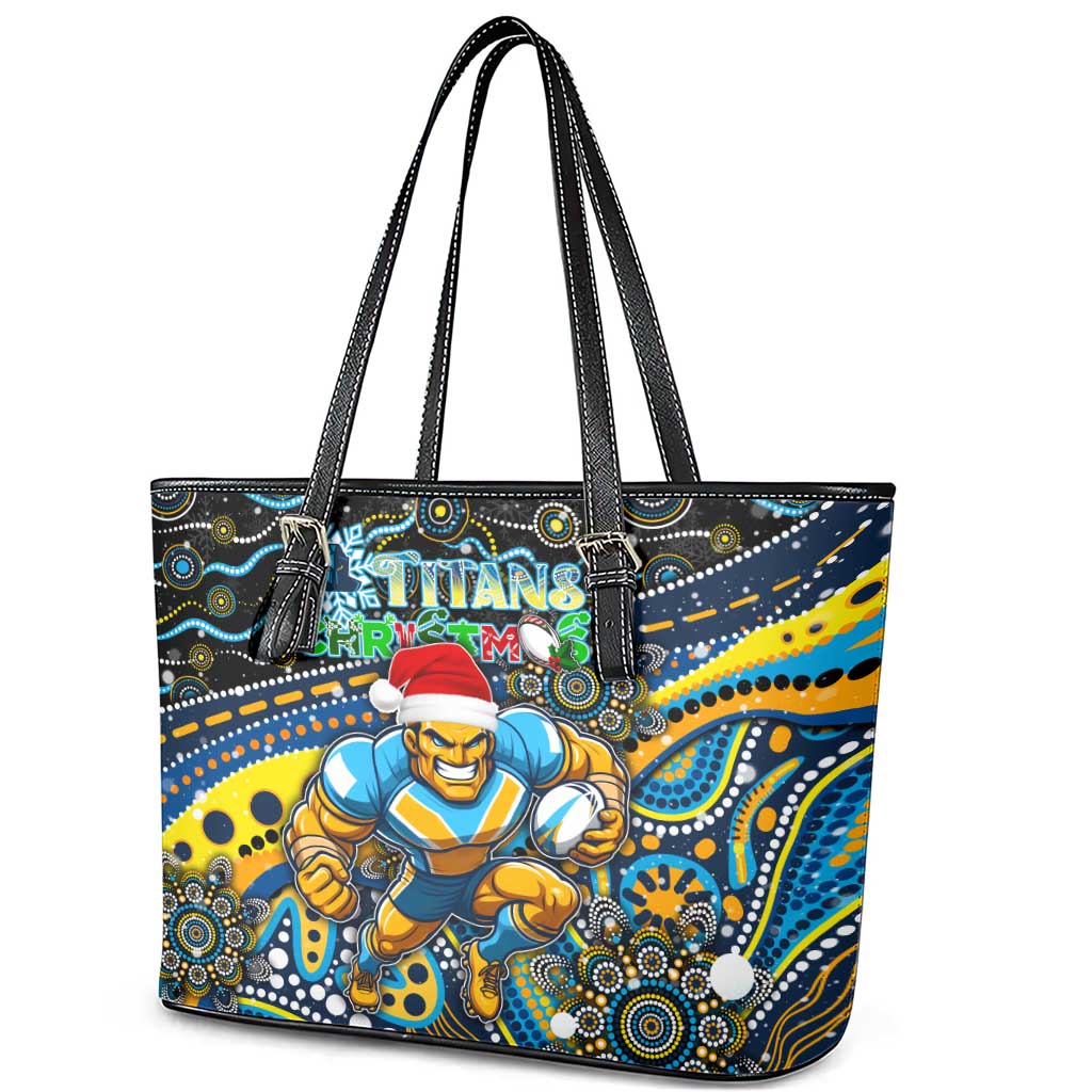 Merry Christmas Gold Coast Titans Leather Tote Bag Aboriginal Santa Rugby Mascot - Light Blue