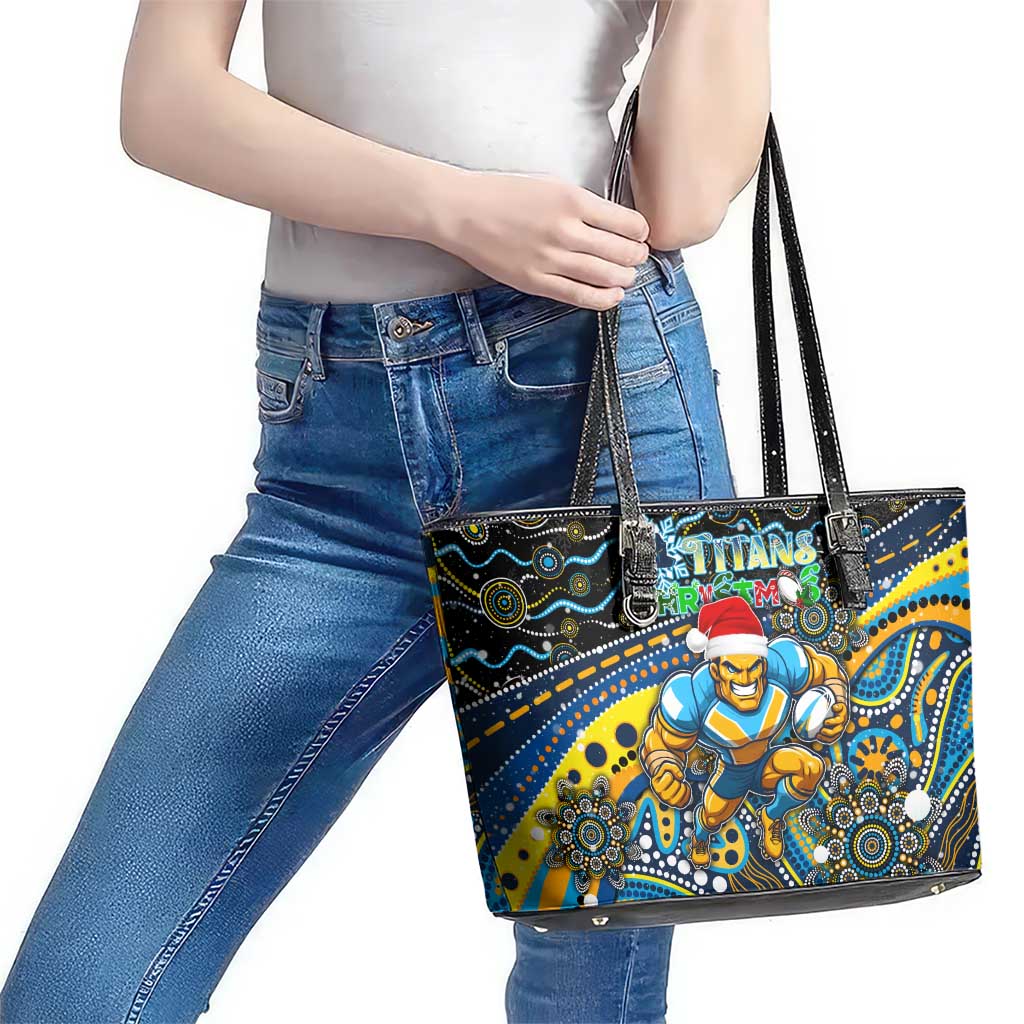 Merry Christmas Gold Coast Titans Leather Tote Bag Aboriginal Santa Rugby Mascot - Light Blue