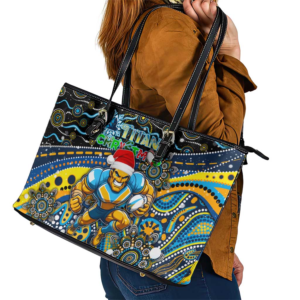 Merry Christmas Gold Coast Titans Leather Tote Bag Aboriginal Santa Rugby Mascot - Light Blue