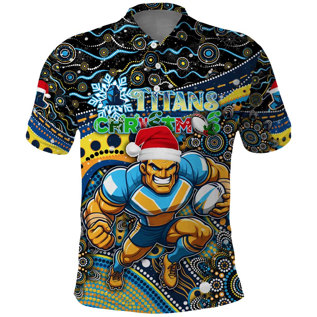 Merry Christmas Gold Coast Titans Polo Shirt Aboriginal Santa Rugby Mascot - Light Blue