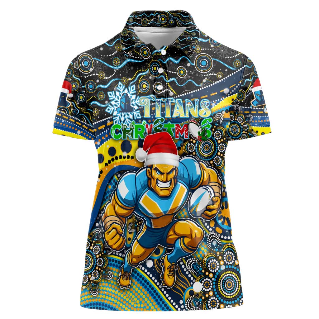 Merry Christmas Gold Coast Titans Women Polo Shirt Aboriginal Santa Rugby Mascot - Light Blue