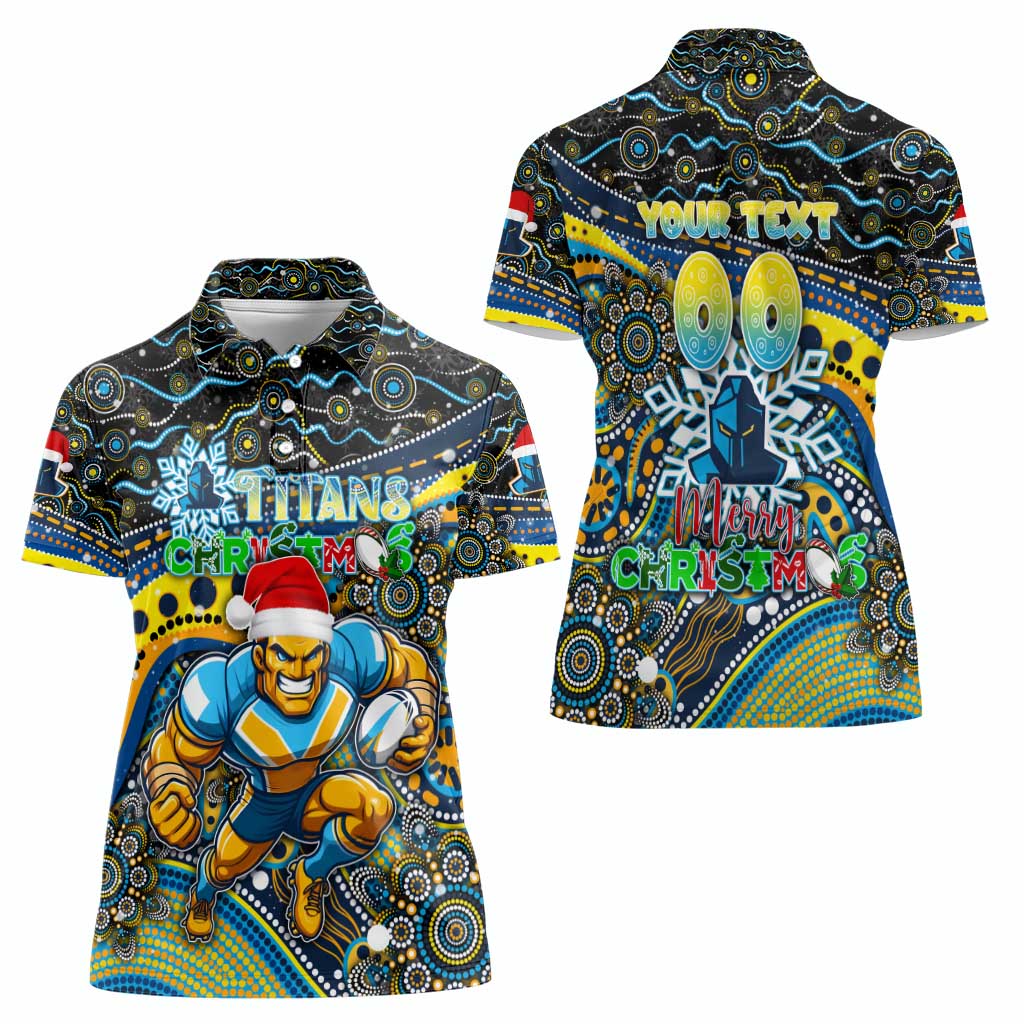 Merry Christmas Gold Coast Titans Women Polo Shirt Aboriginal Santa Rugby Mascot - Light Blue