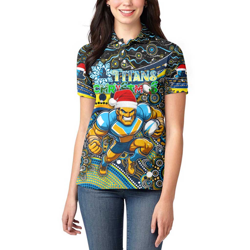 Merry Christmas Gold Coast Titans Women Polo Shirt Aboriginal Santa Rugby Mascot - Light Blue