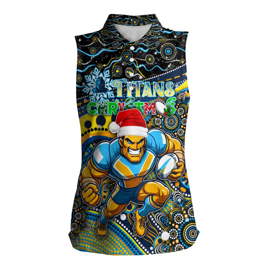 Merry Christmas Gold Coast Titans Women Sleeveless Polo Shirt Aboriginal Santa Rugby Mascot - Light Blue