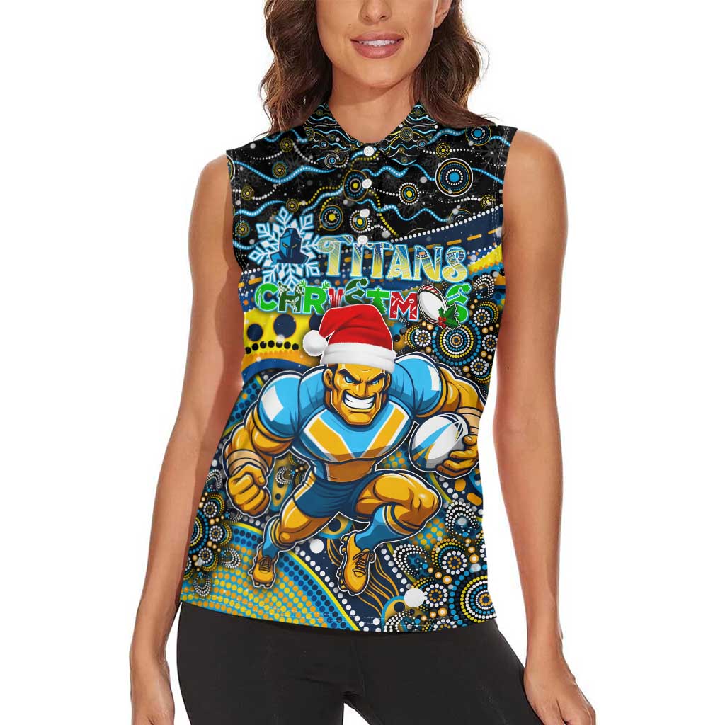 Merry Christmas Gold Coast Titans Women Sleeveless Polo Shirt Aboriginal Santa Rugby Mascot - Light Blue