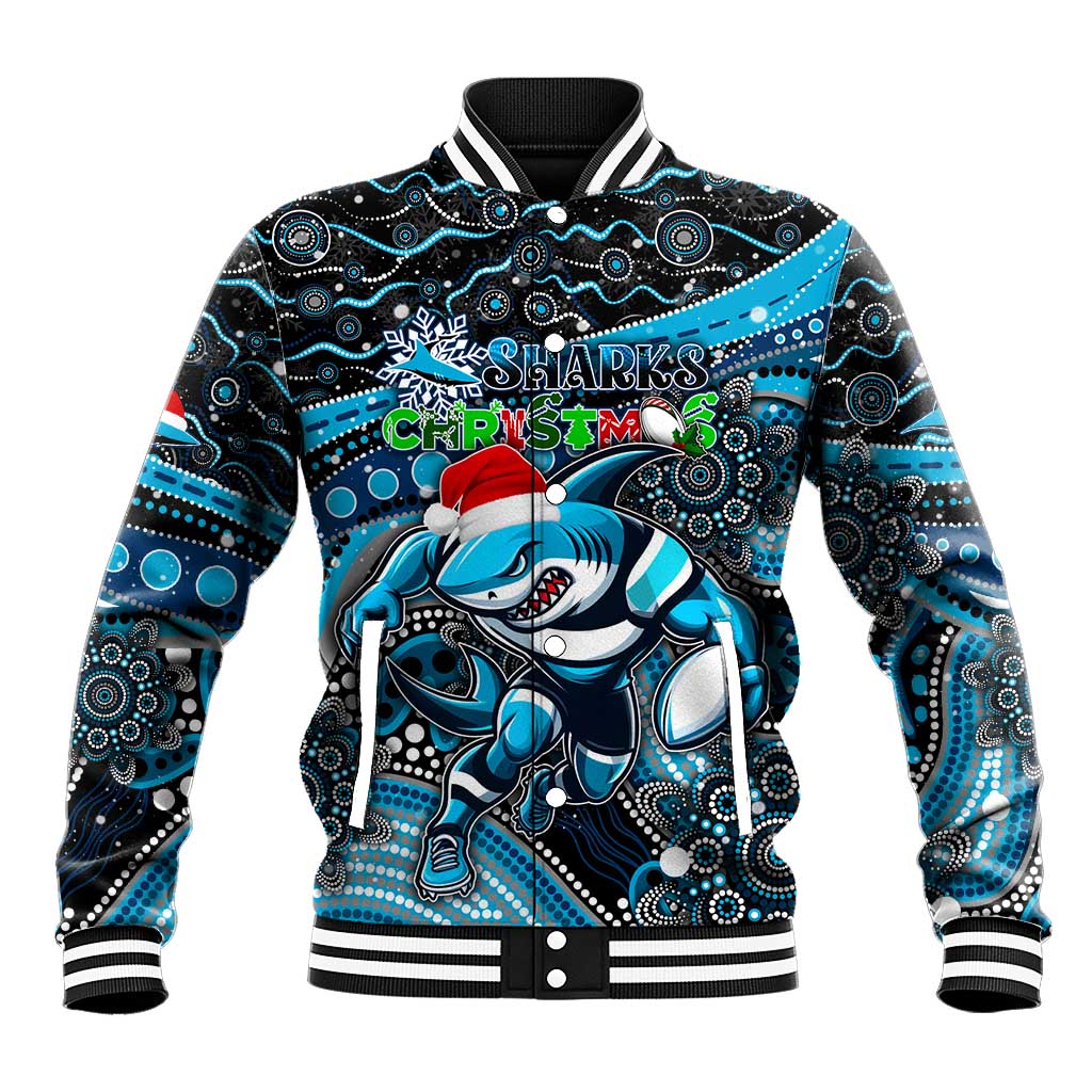 Merry Christmas Sharks Baseball Jacket Aboriginal Santa Rugby Mascot - Cronulla Sutherland