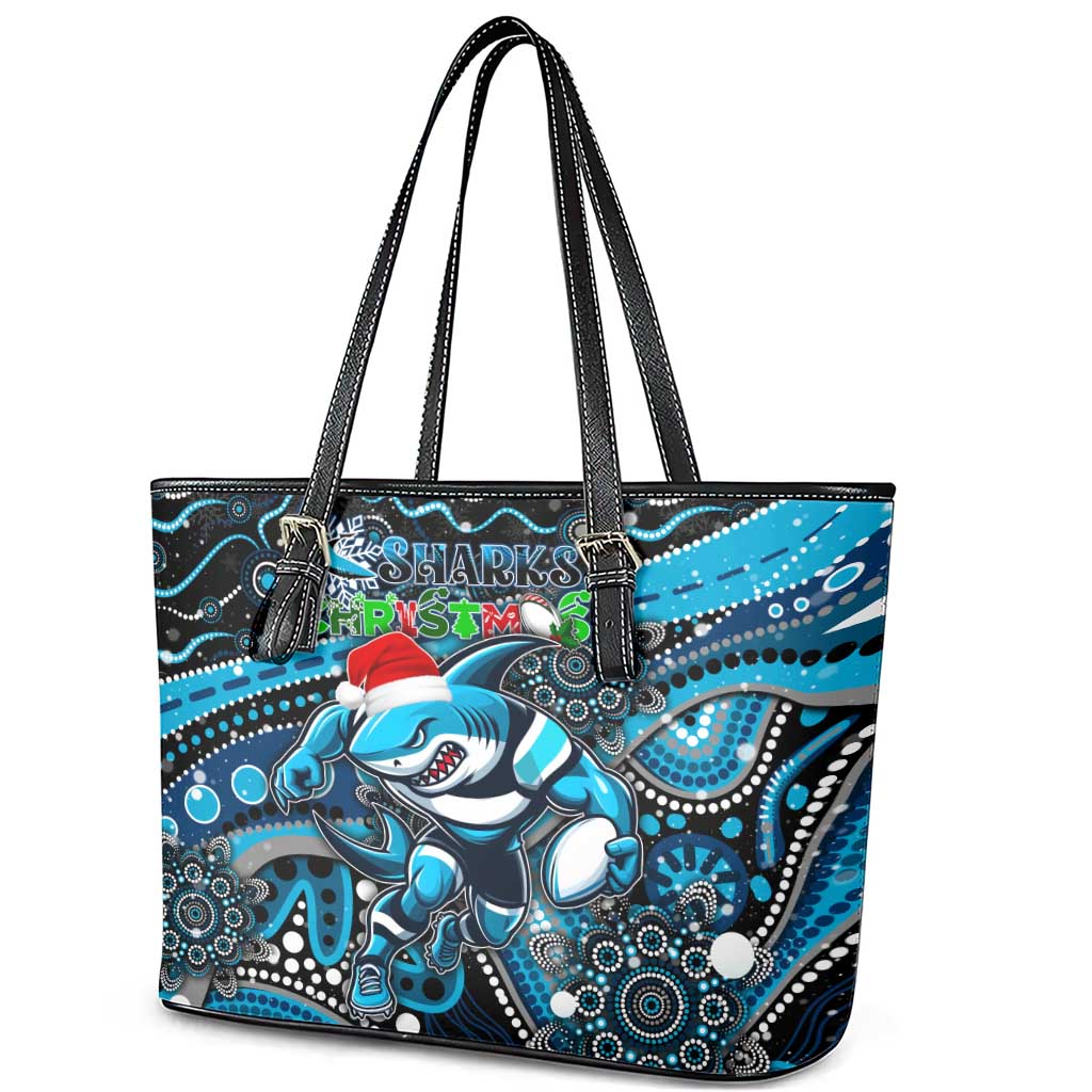 Merry Christmas Sharks Leather Tote Bag Aboriginal Santa Rugby Mascot - Cronulla Sutherland