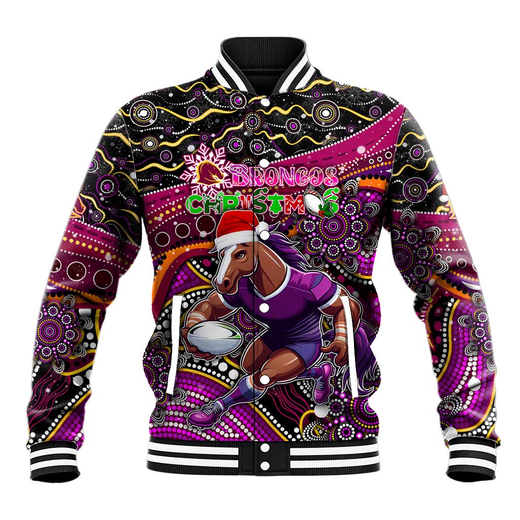 Merry Christmas Broncos Baseball Jacket Aboriginal Santa Rugby Mascot - Brisbane