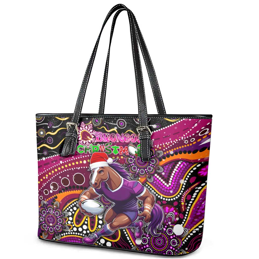 Merry Christmas Broncos Leather Tote Bag Aboriginal Santa Rugby Mascot - Brisbane