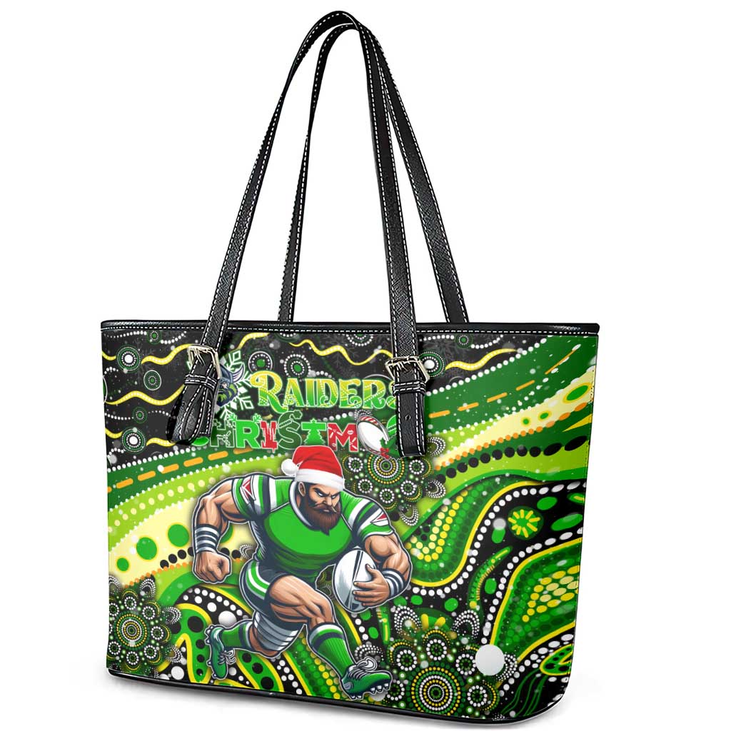 Merry Christmas Raiders Leather Tote Bag Aboriginal Santa Rugby Mascot - Canberra