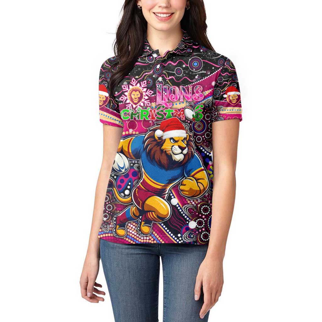 Merry Christmas AFL Brisbane Lions Women Polo Shirt Aboriginal Santa Football Mascot