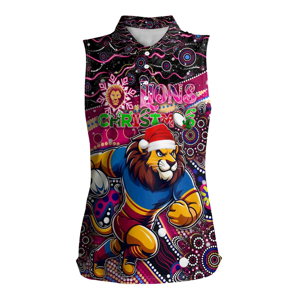 Merry Christmas AFL Brisbane Lions Women Sleeveless Polo Shirt Aboriginal Santa Football Mascot