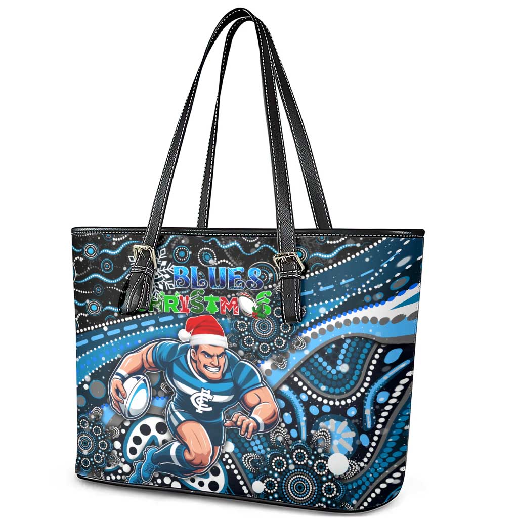 Merry Christmas AFL Carlton Blues Leather Tote Bag Aboriginal Santa Football Mascot