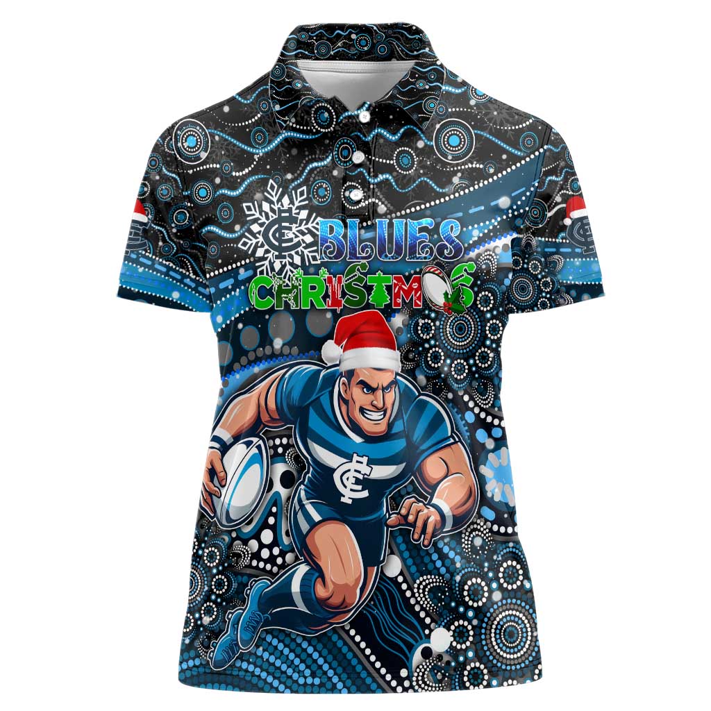 Merry Christmas AFL Carlton Blues Women Polo Shirt Aboriginal Santa Football Mascot