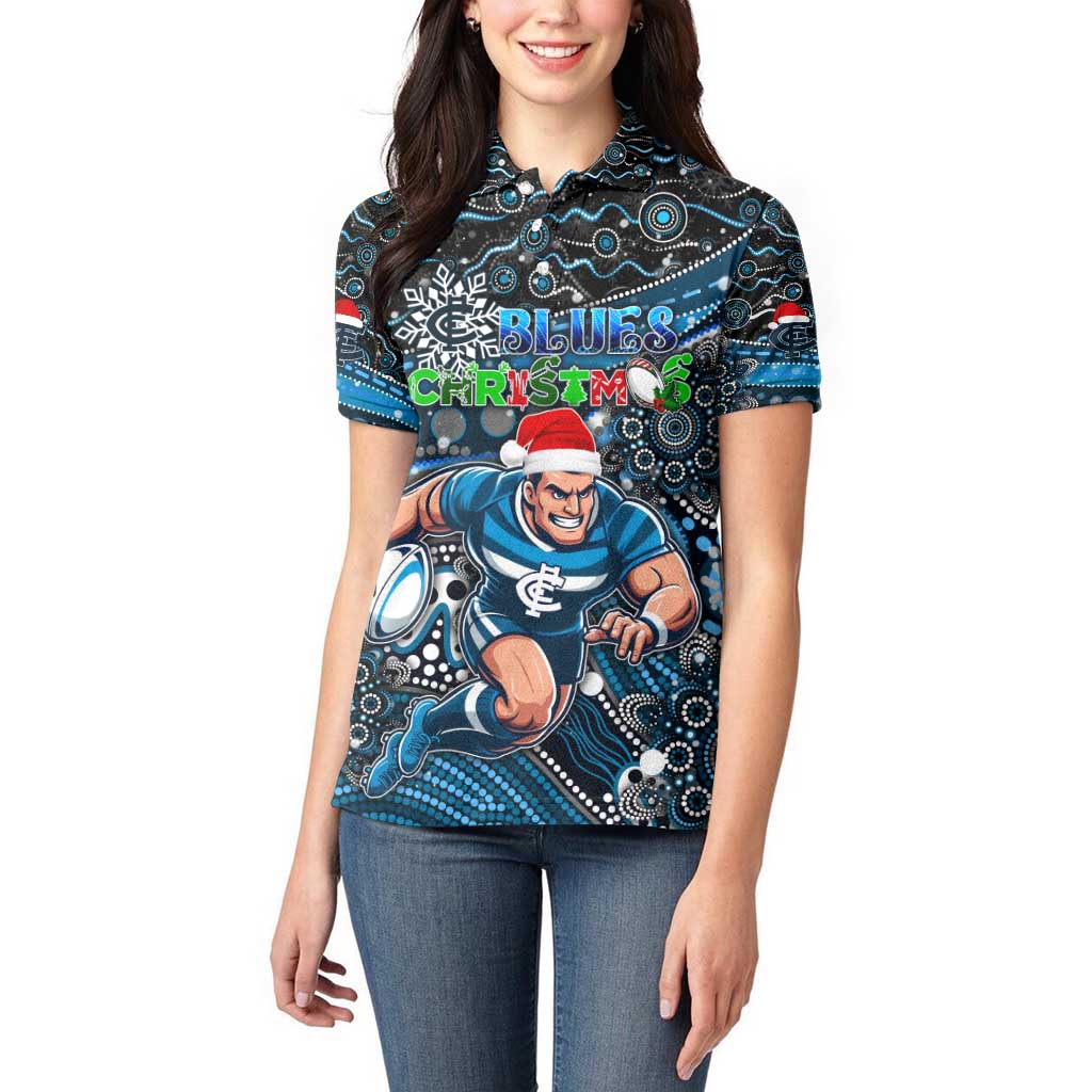 Merry Christmas AFL Carlton Blues Women Polo Shirt Aboriginal Santa Football Mascot