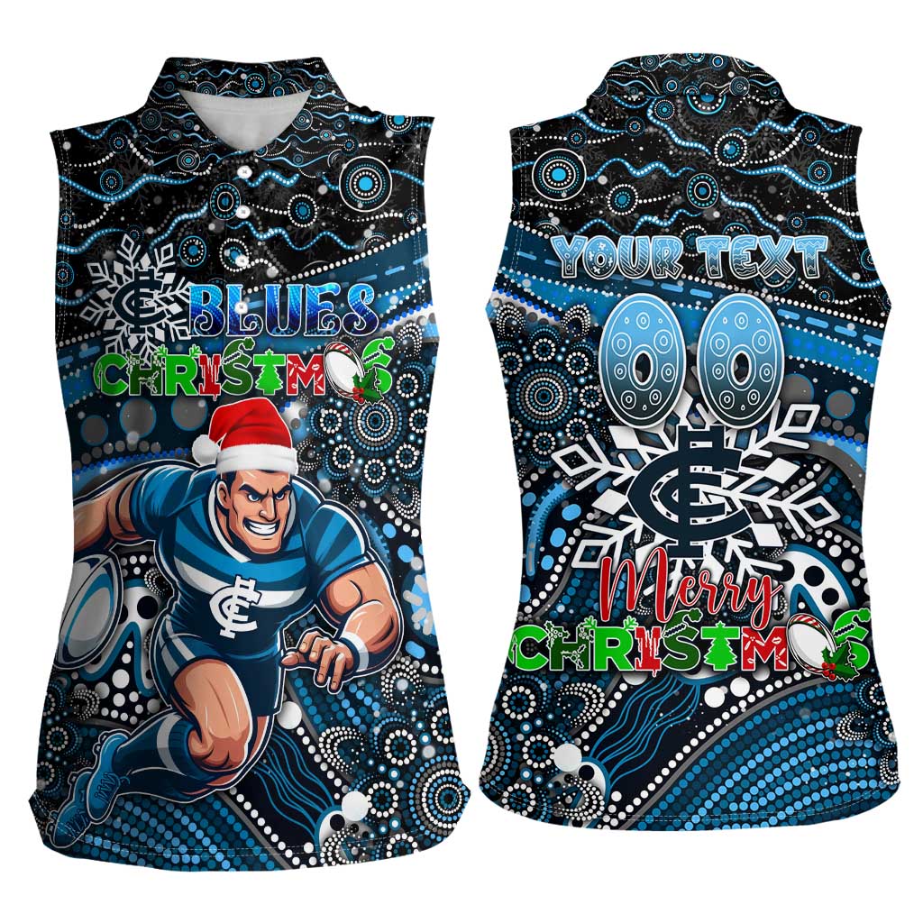 Merry Christmas AFL Carlton Blues Women Sleeveless Polo Shirt Aboriginal Santa Football Mascot