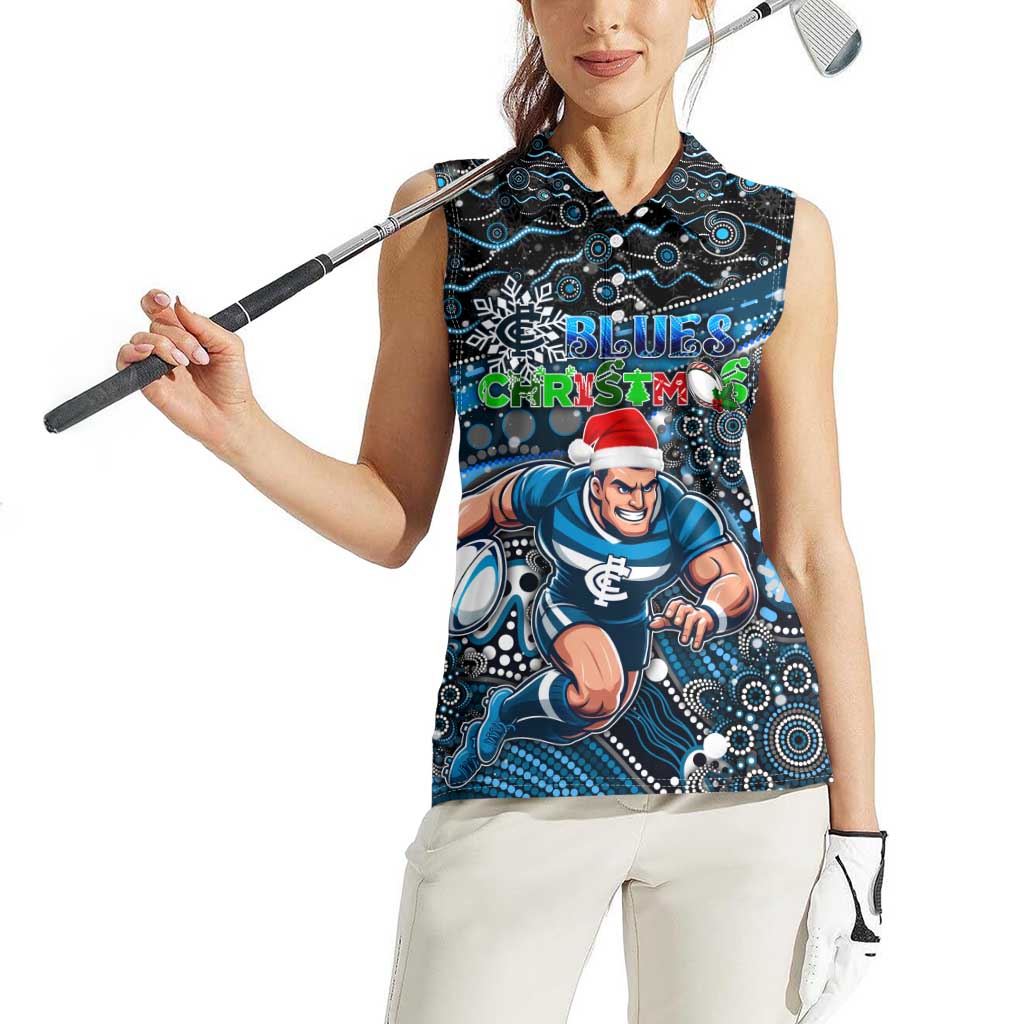 Merry Christmas AFL Carlton Blues Women Sleeveless Polo Shirt Aboriginal Santa Football Mascot