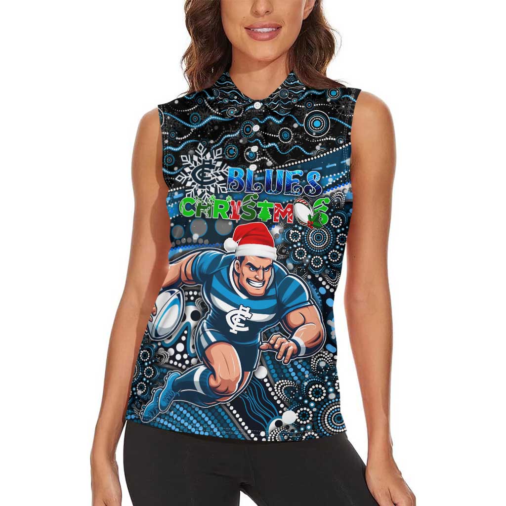 Merry Christmas AFL Carlton Blues Women Sleeveless Polo Shirt Aboriginal Santa Football Mascot