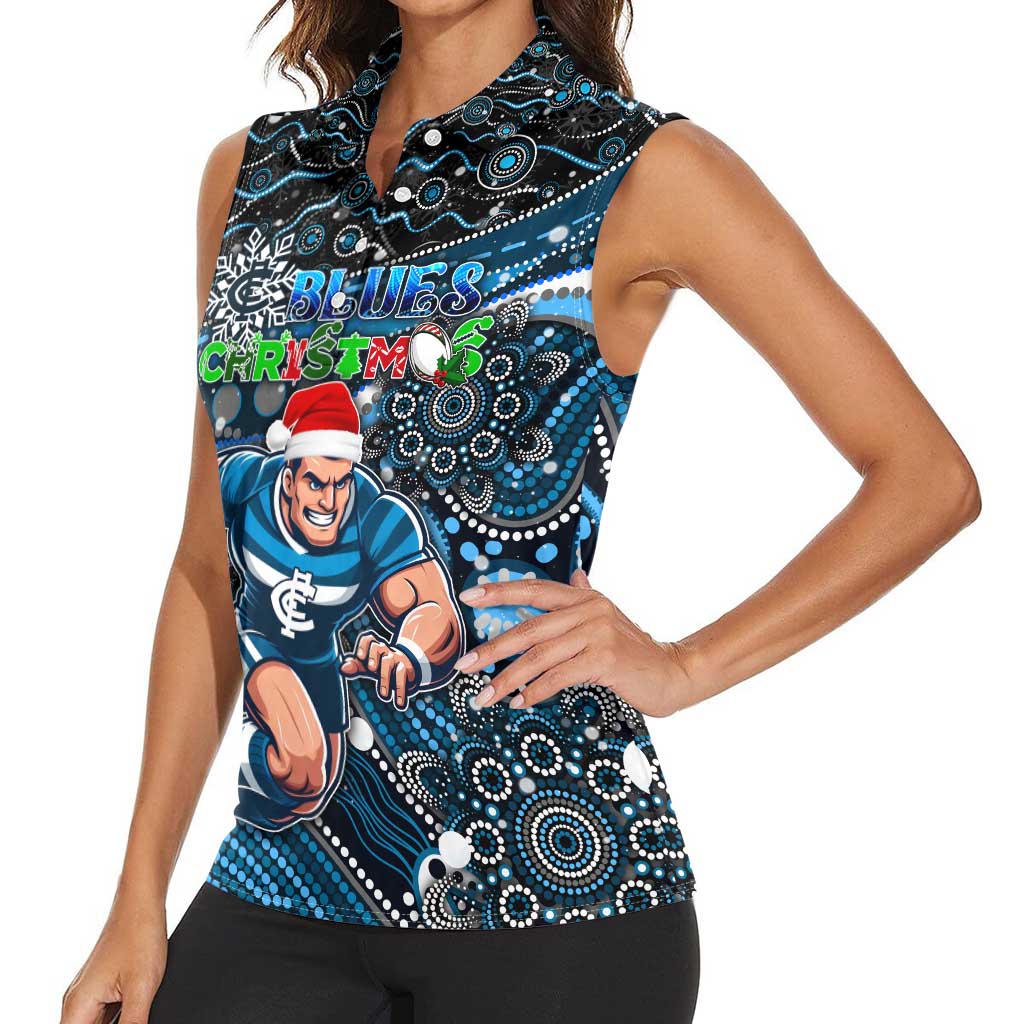 Merry Christmas AFL Carlton Blues Women Sleeveless Polo Shirt Aboriginal Santa Football Mascot