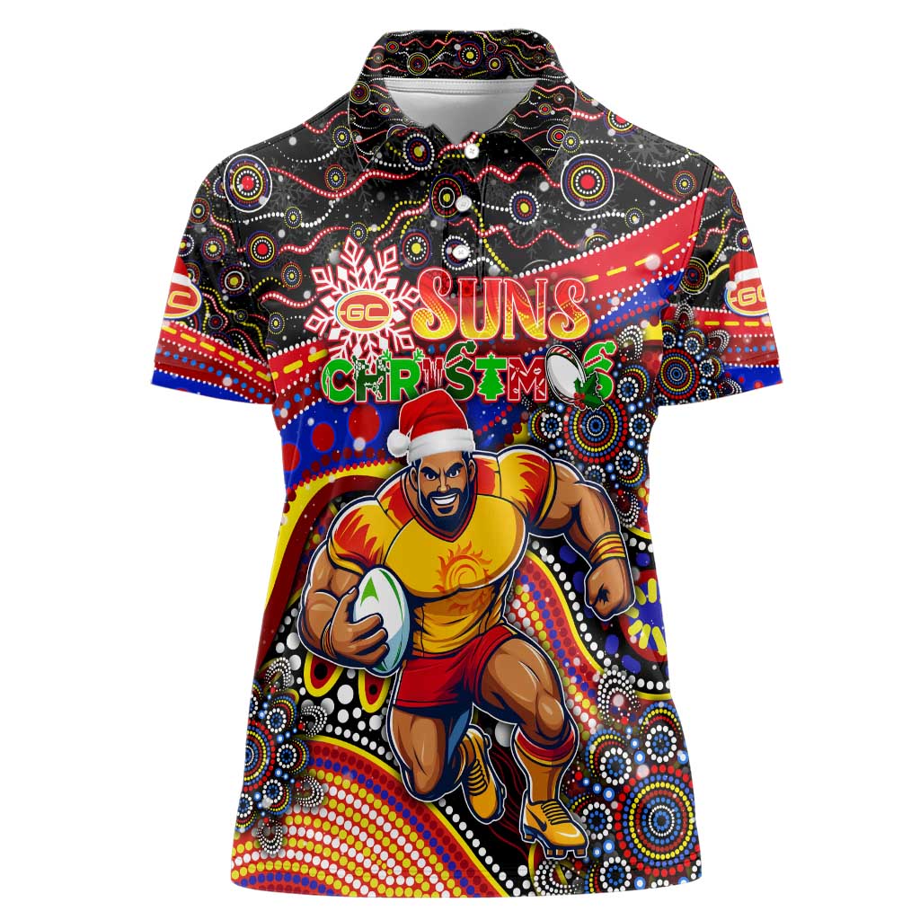 Merry Christmas AFL Gold Coast Suns Women Polo Shirt Aboriginal Santa Football Mascot