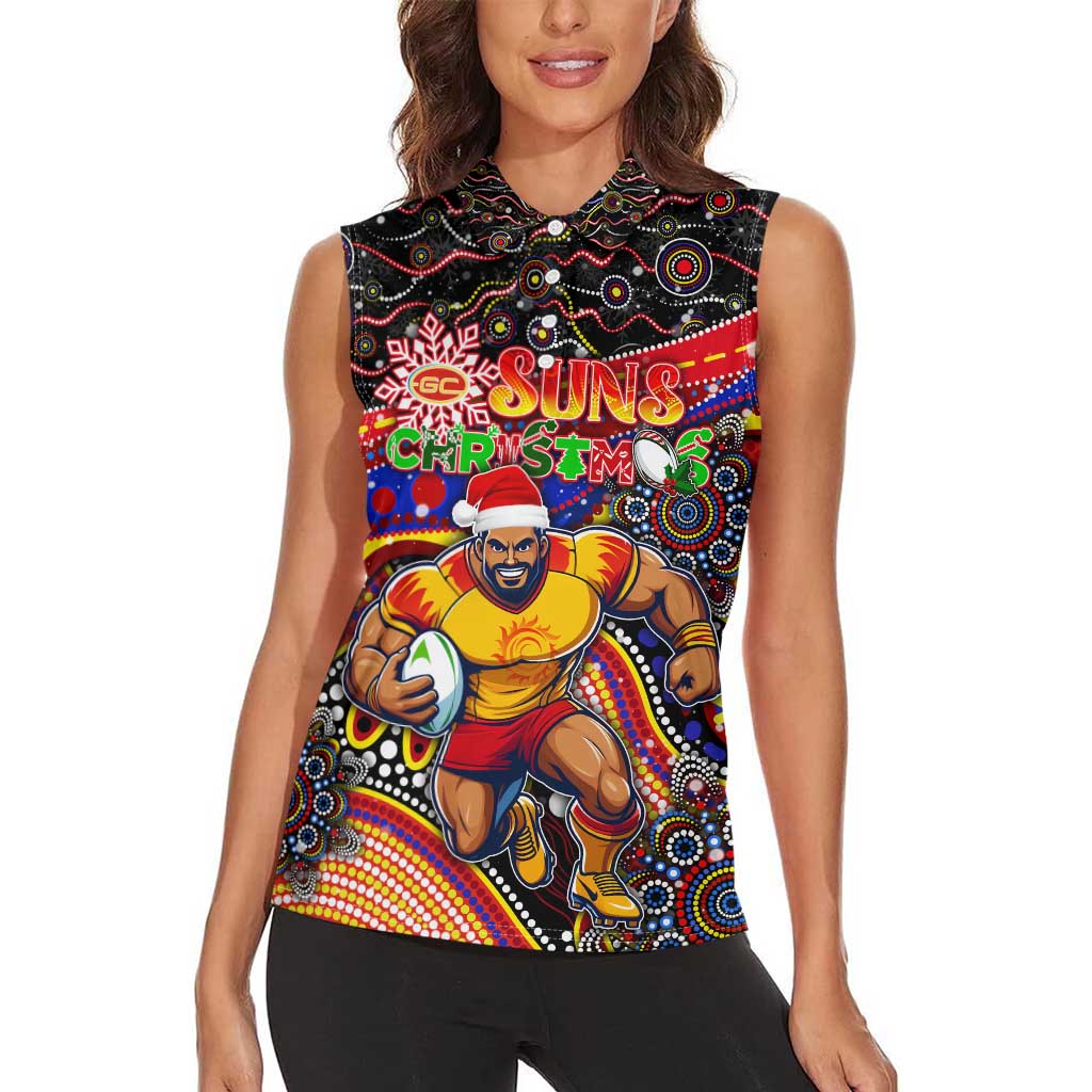 Merry Christmas AFL Gold Coast Suns Women Sleeveless Polo Shirt Aboriginal Santa Football Mascot