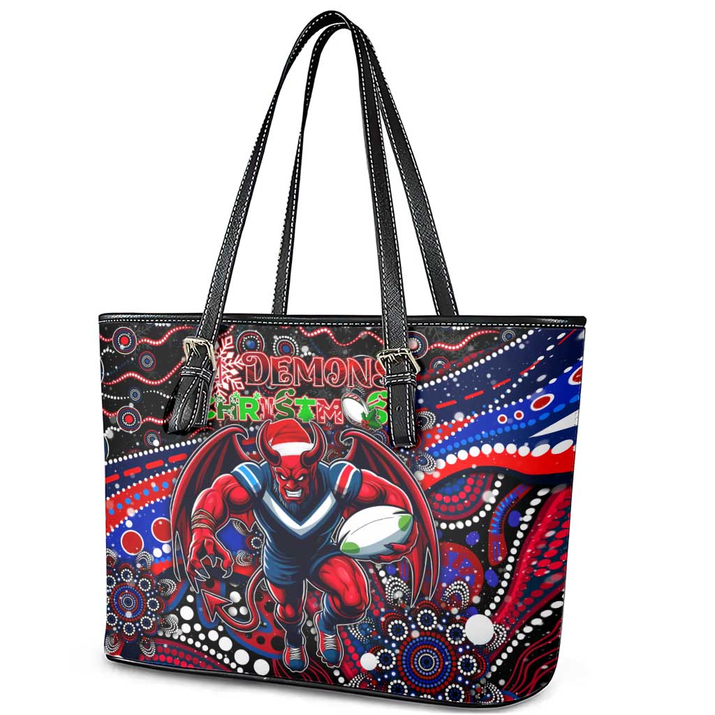 Merry Christmas AFL Demons Leather Tote Bag Aboriginal Santa Football Mascot