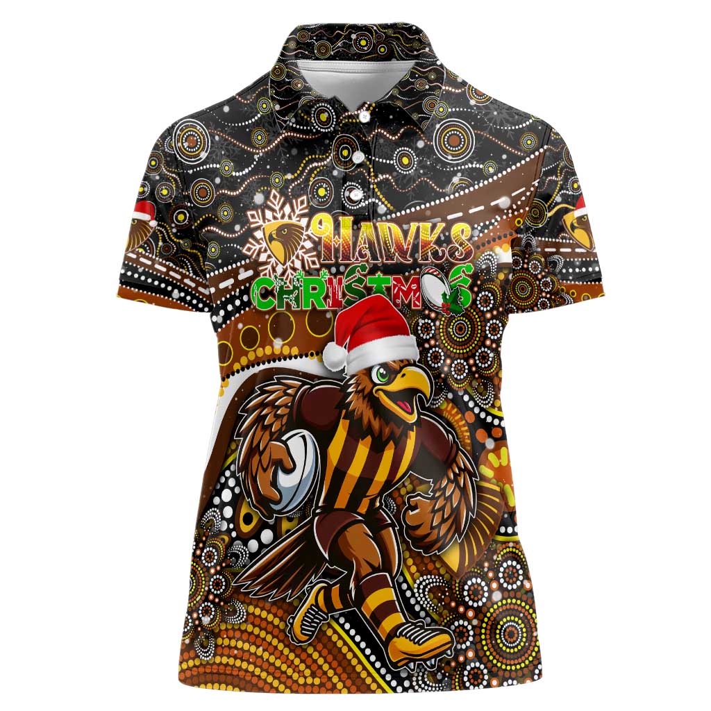 Merry Christmas AFL Hawks Women Polo Shirt Aboriginal Santa Football Mascot