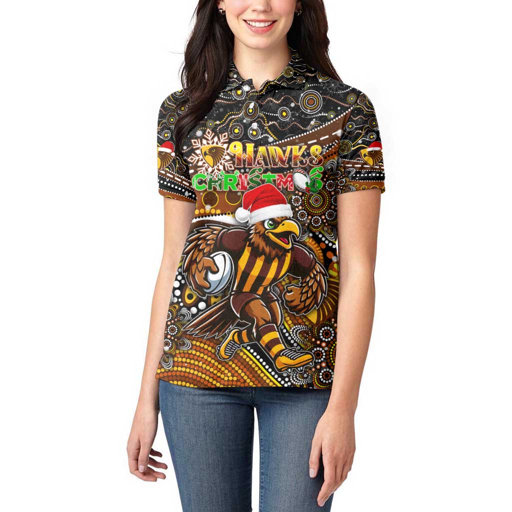 Merry Christmas AFL Hawks Women Polo Shirt Aboriginal Santa Football Mascot