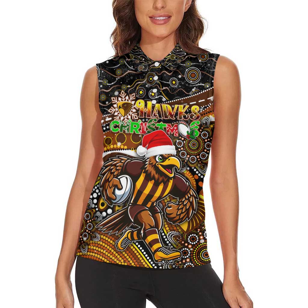 Merry Christmas AFL Hawks Women Sleeveless Polo Shirt Aboriginal Santa Football Mascot