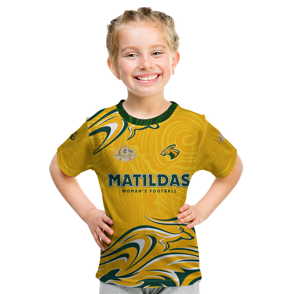 Personalised Australia Soccer Matildas Kid T Shirt Kangaroo Tornado Yellow