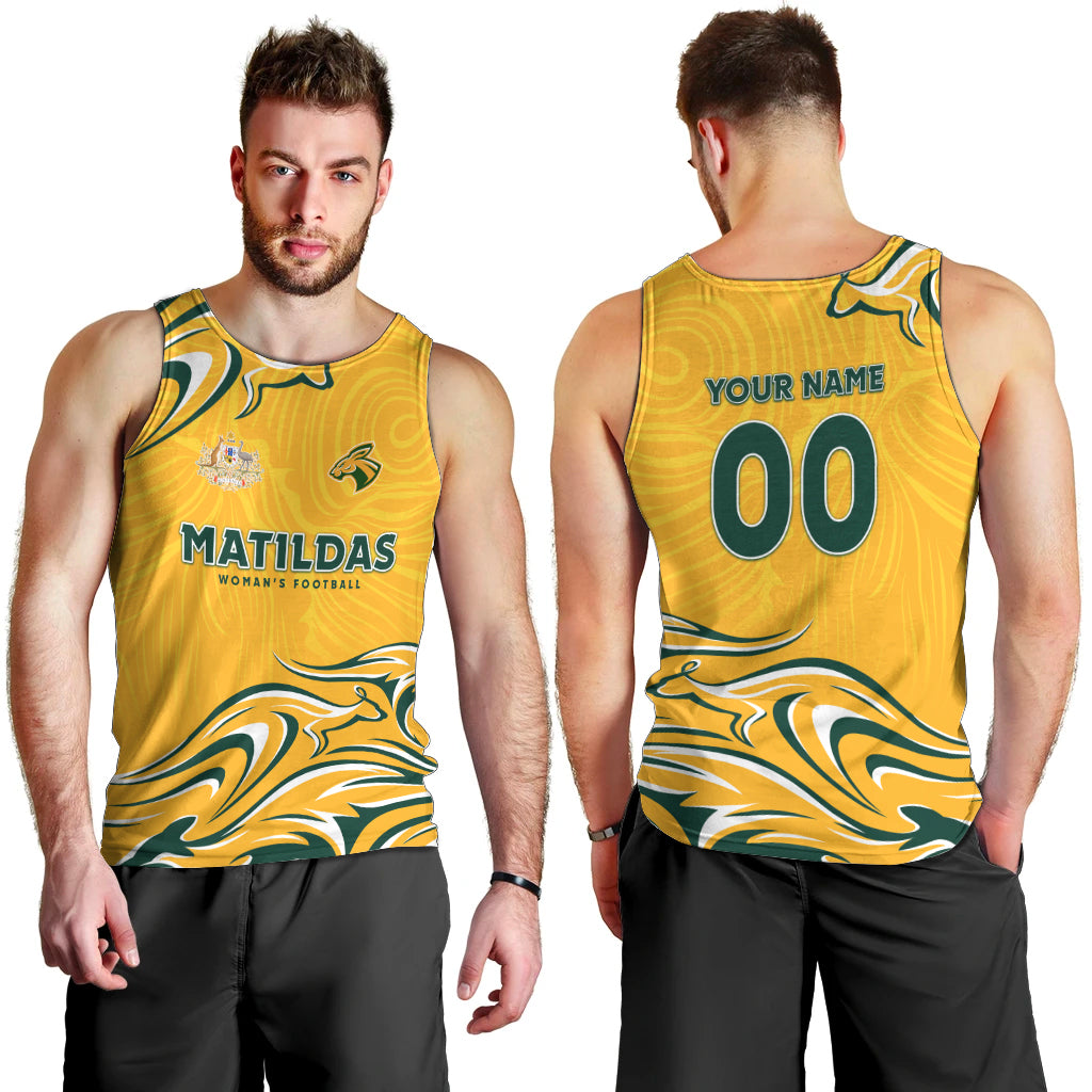 Personalised Australia Soccer Matildas Men Tank Top Kangaroo Tornado Yellow